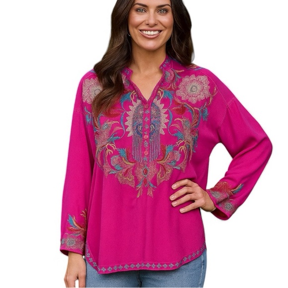 Johnny Was Biya Atterholt extremely heavily embroidered button-down blouse RARE